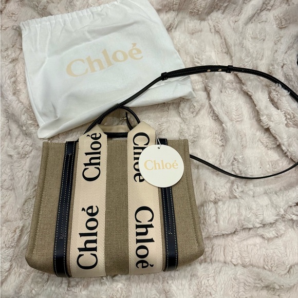 Chloe Handbags - Chloé Beige Canvas Mini Woody Tote with Blue Trim and Logo Straps
